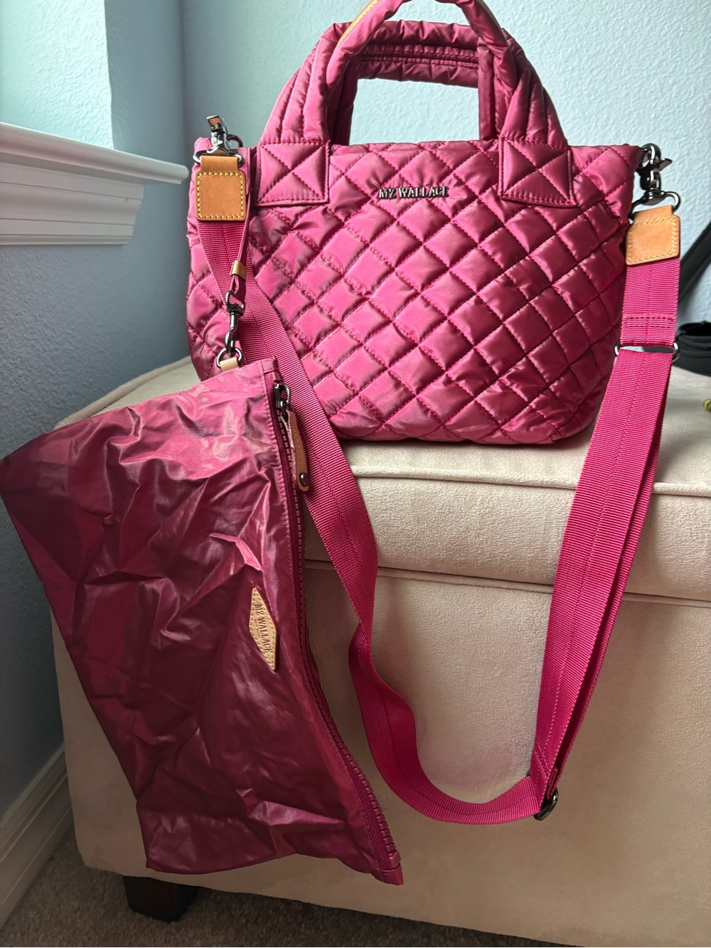 MZ Wallace Small metro Quilted Red/Pink Tote Bag with Removable Strap